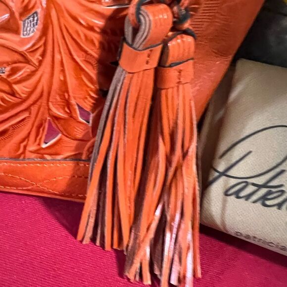 NWOT Patricia Nash “Broncos” Leather Zorita Tool Vibrant Orange Embossed Satchel - Picture 5 of 15